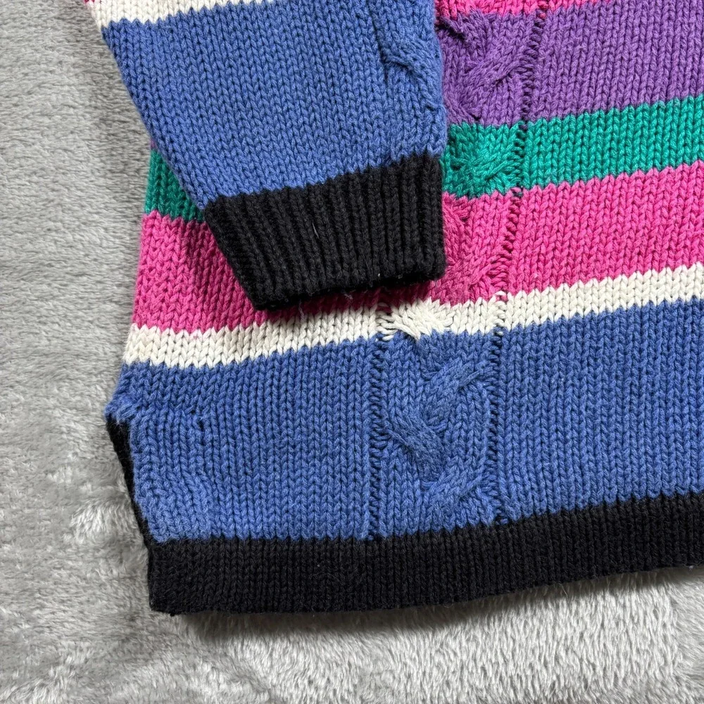 Vintage Cable Knit Sweater Women XL Pink Striped V Neck‎ Colorful 80s Cottage